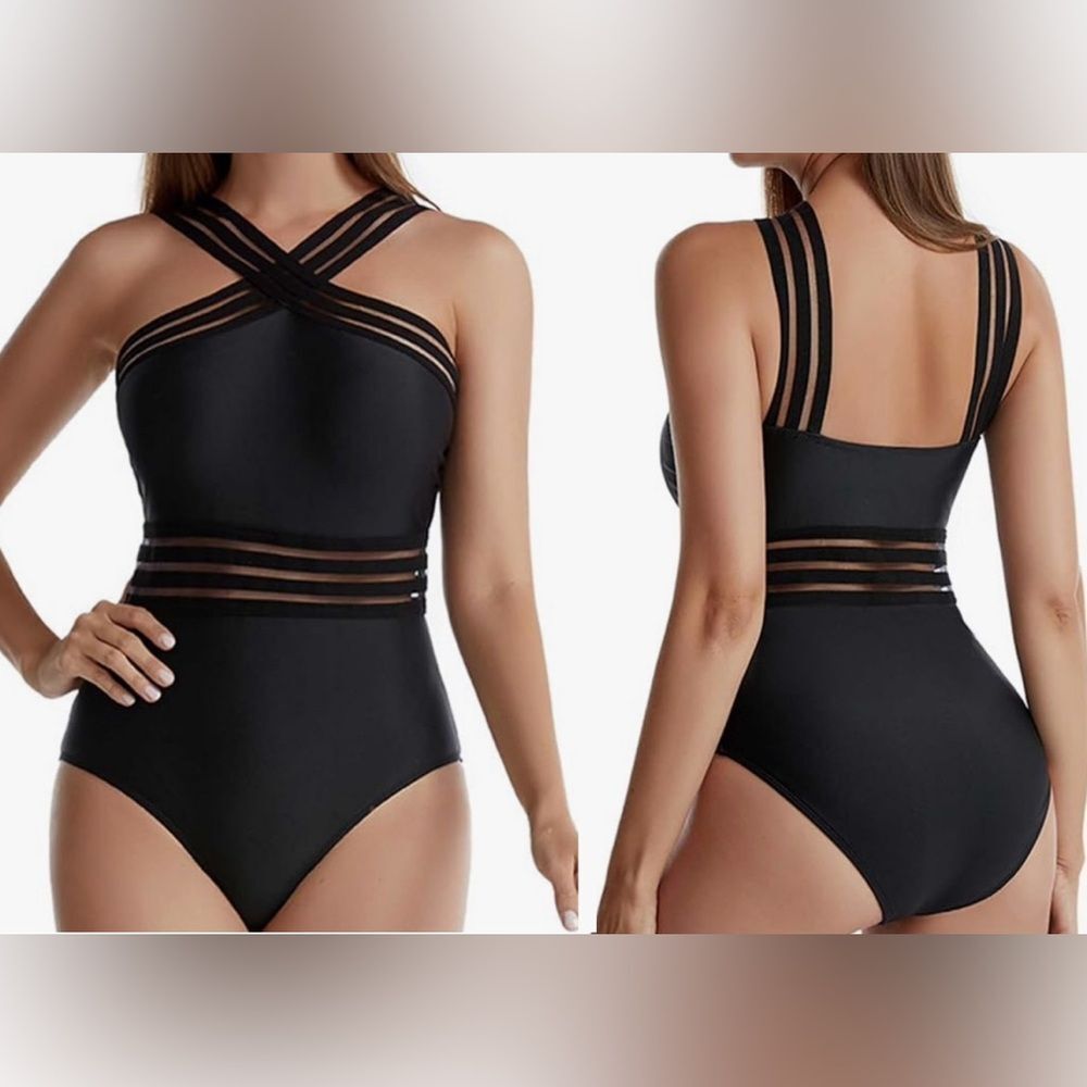 Hilor Sexy One Piece Swimsuit Mesh Criss Cross Tummy Control Size M/8~NWT